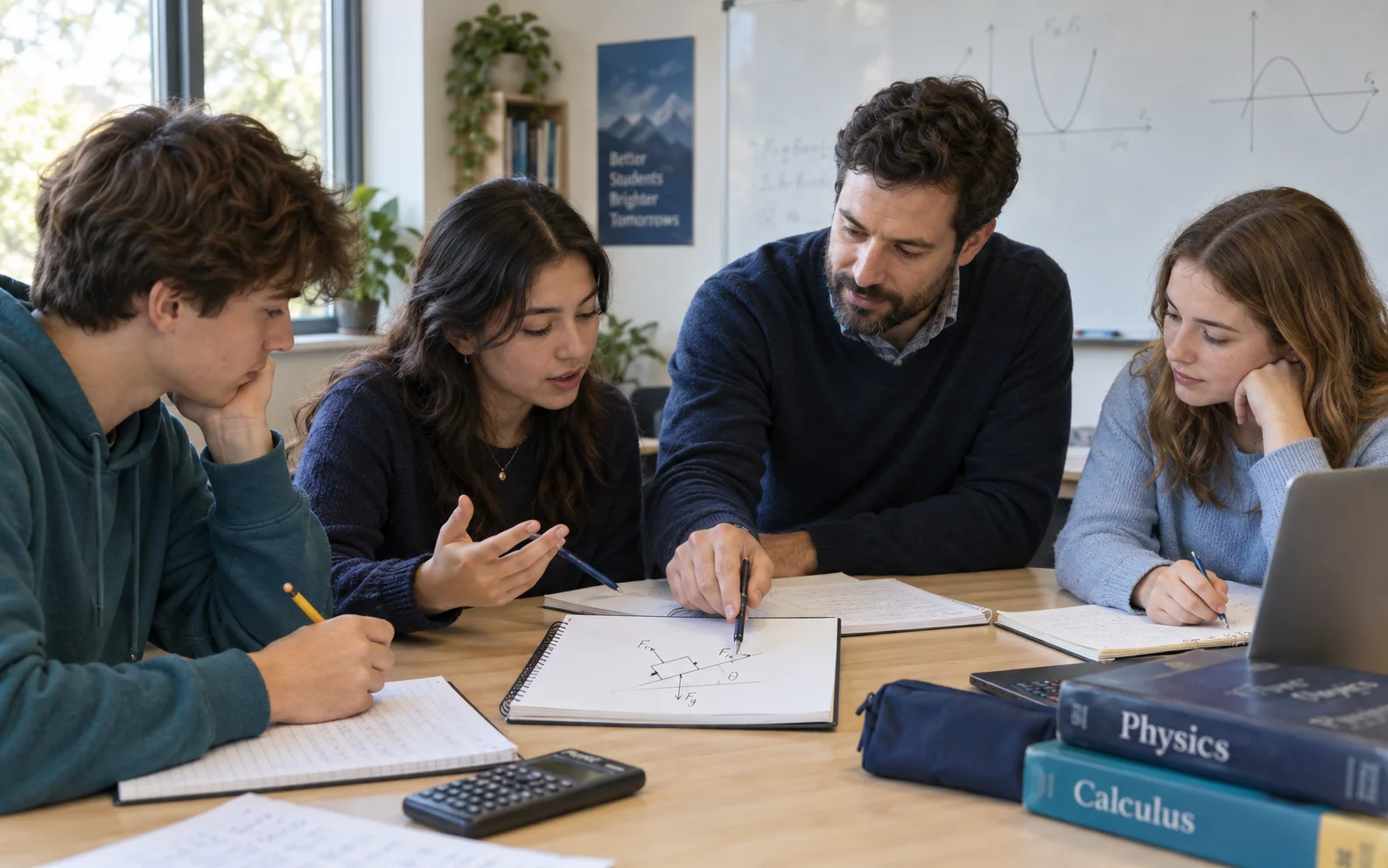 A scene of a tutor and three high-school students working through a physics problem.